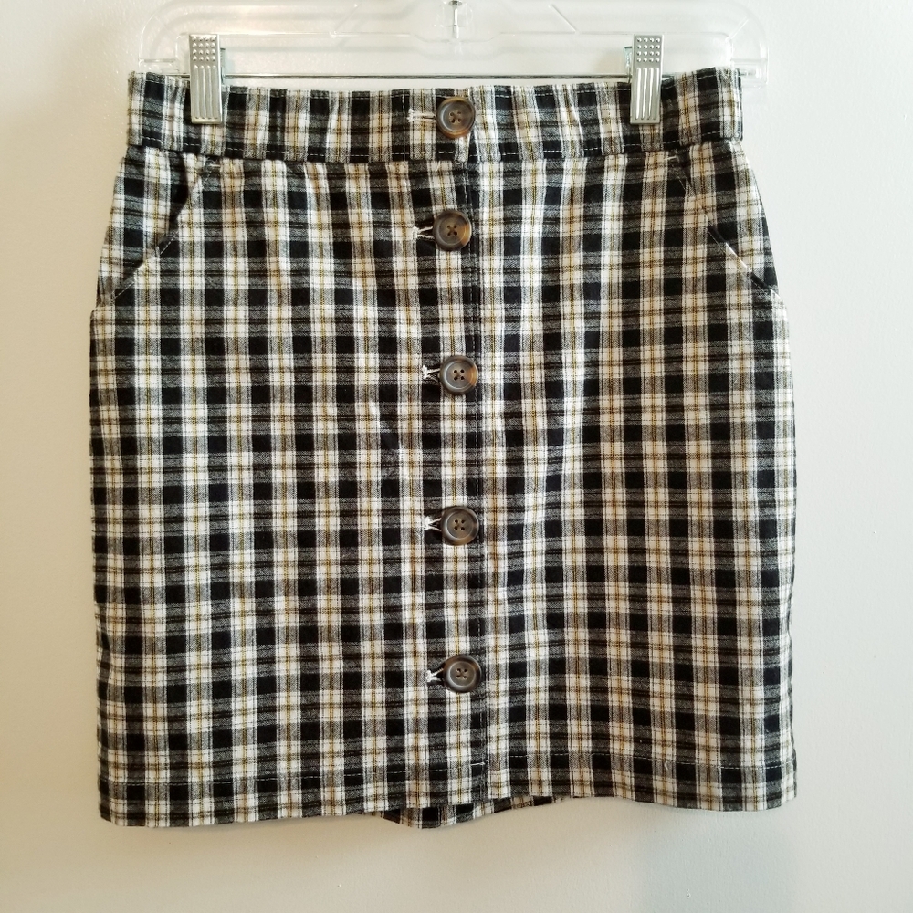 Hollister Black White Yellow Plaid Short Skirt Academia Button Front S Preppy